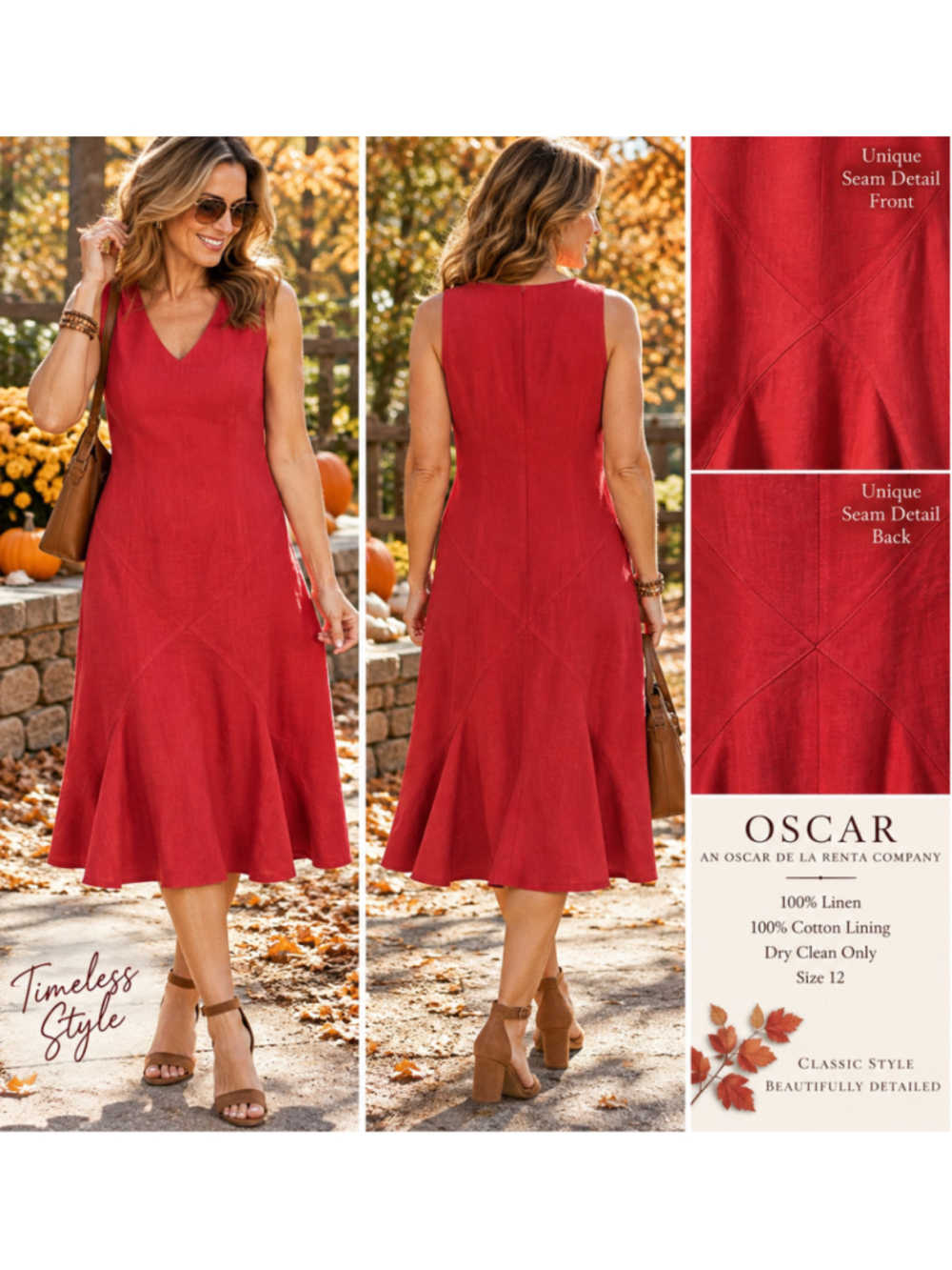 Women's Oscar by Oscar de la Renta Red Linen Midi Dress Size 12